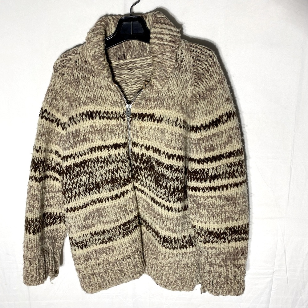 Vintage Cream Brown Handmade Hand Knit Cowichan Style Zip Cardigan Sweater S